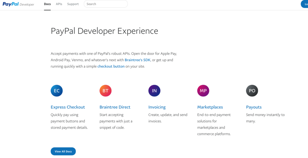 PayPal developer docs homepage