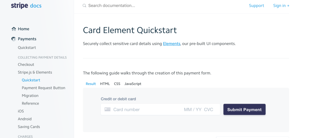 Stripe Card Element Quickstart documentation
