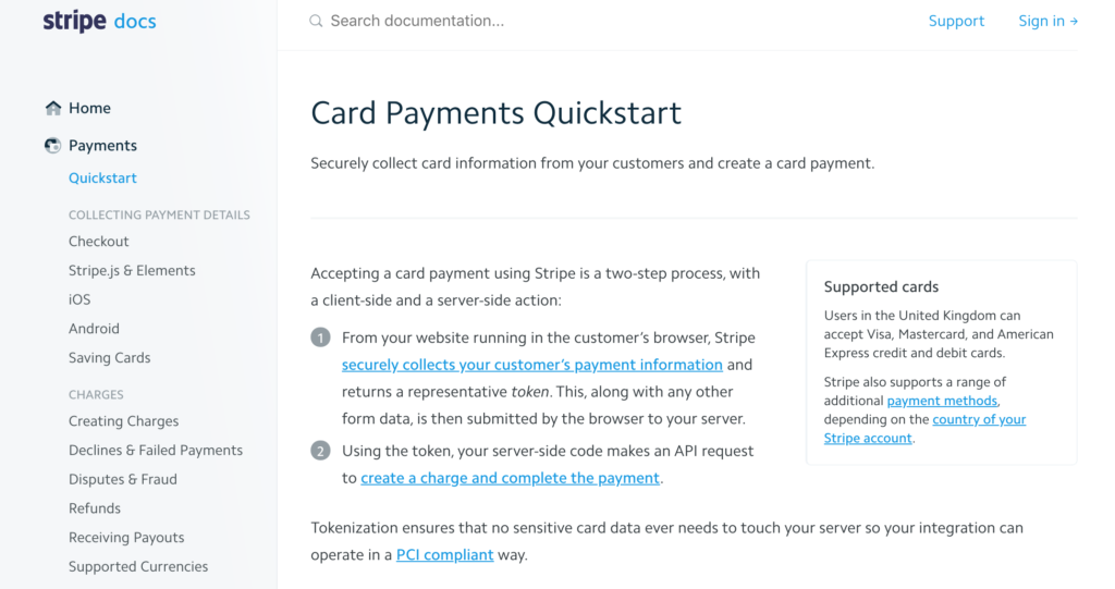 Stripe Card Payments Quickstart documentation