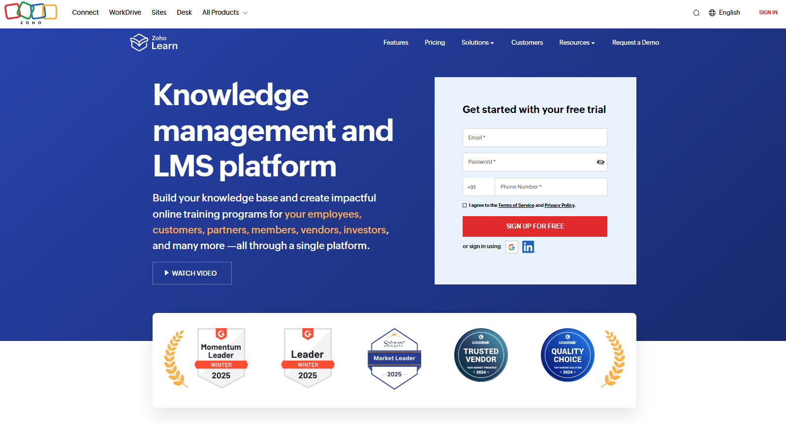 Zoho learn homepage