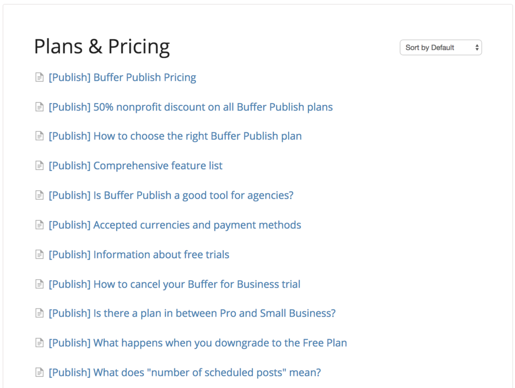 Buffer’s list of content for Plans & Pricing