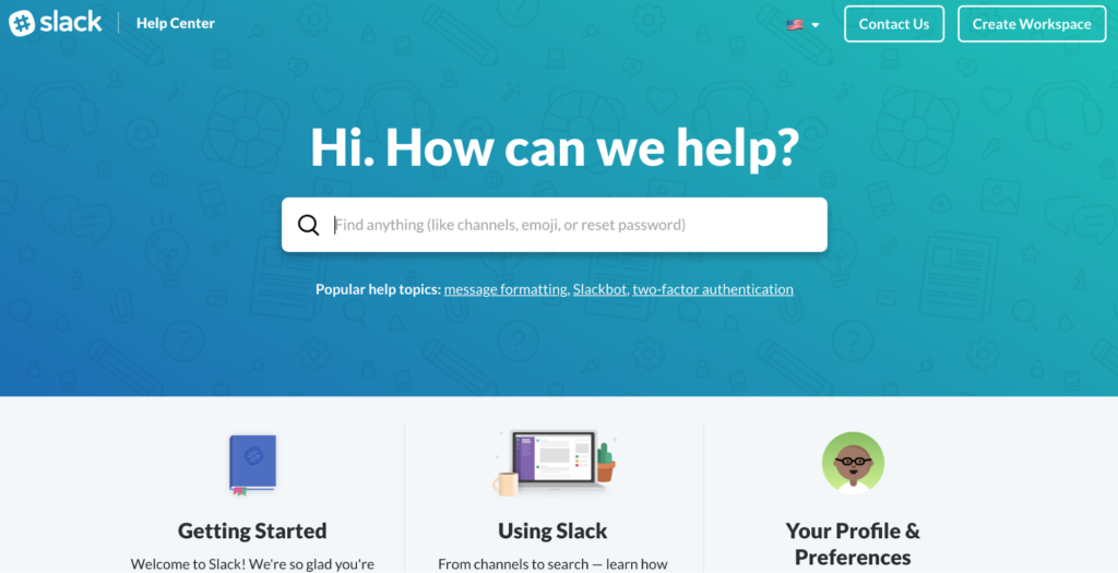 Slack knowledge base homepage