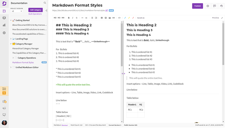 Markdown editor in Document360