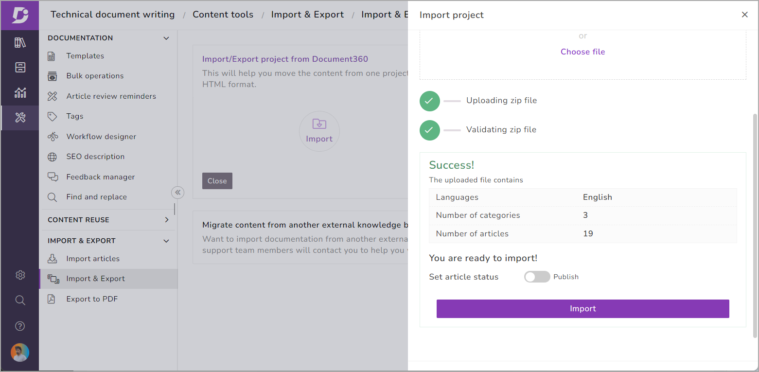 Import and export documentation in Document360
