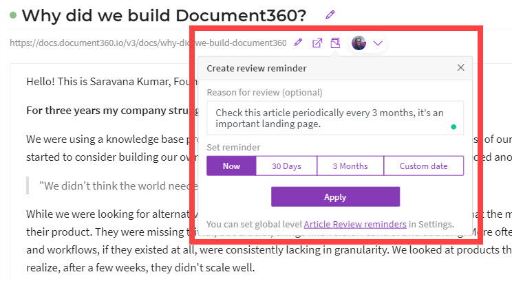 Document360 Review Reminder