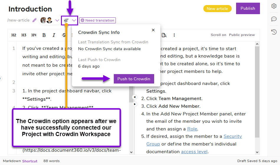 Crowdin sync info on Document360 project