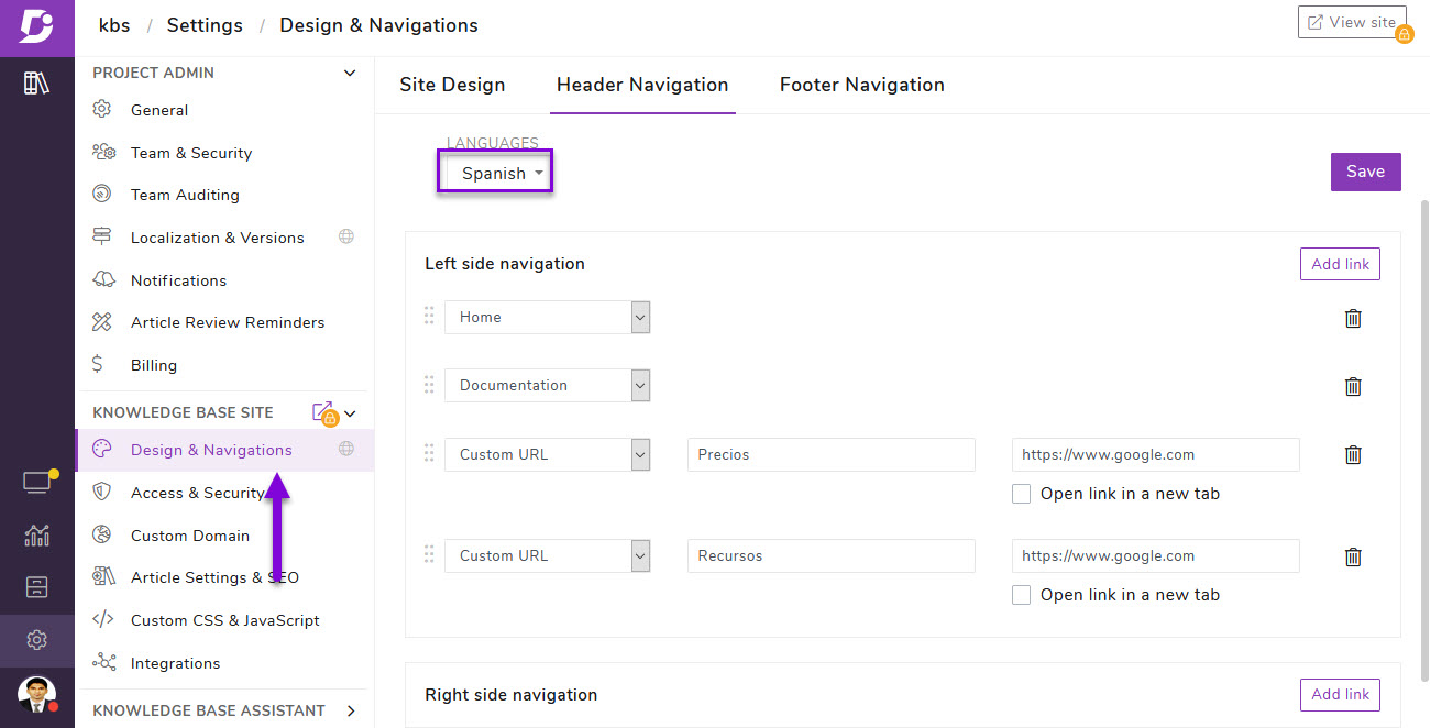 Header and footer navigation with localization - Document360