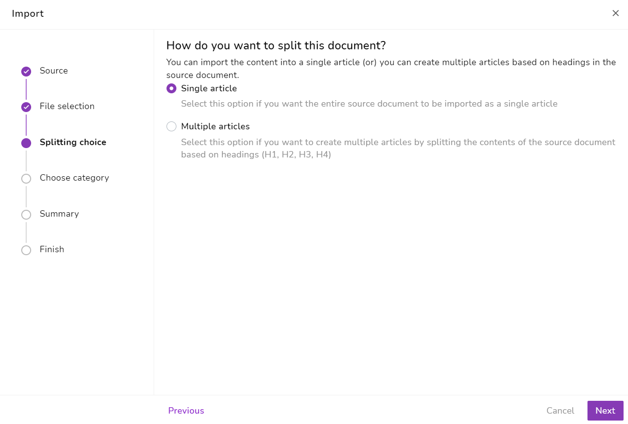 Single article import in knowledge base software