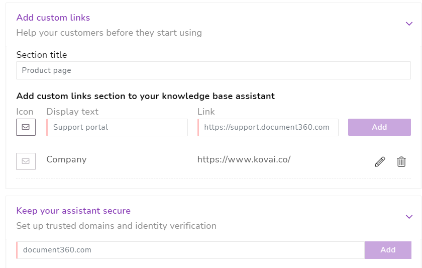 Knowledge base assistant custom links - Document360 