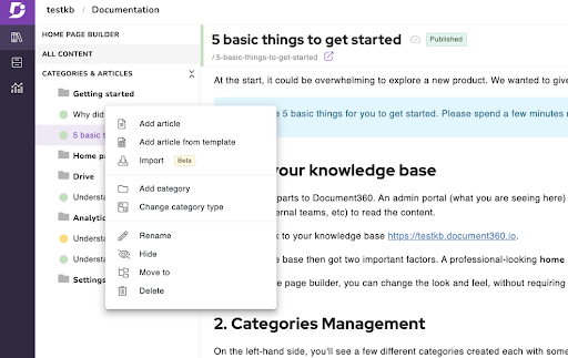 category mangement in Document360 knowledge base