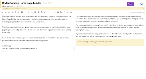 markdown editor preview in Document360 knowledge base