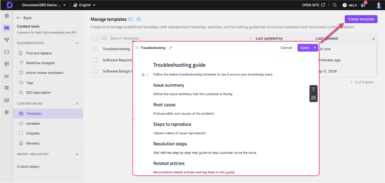 Create Troubleshooting template
