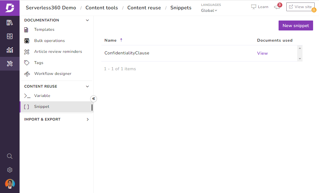 content snippet in knowledge base