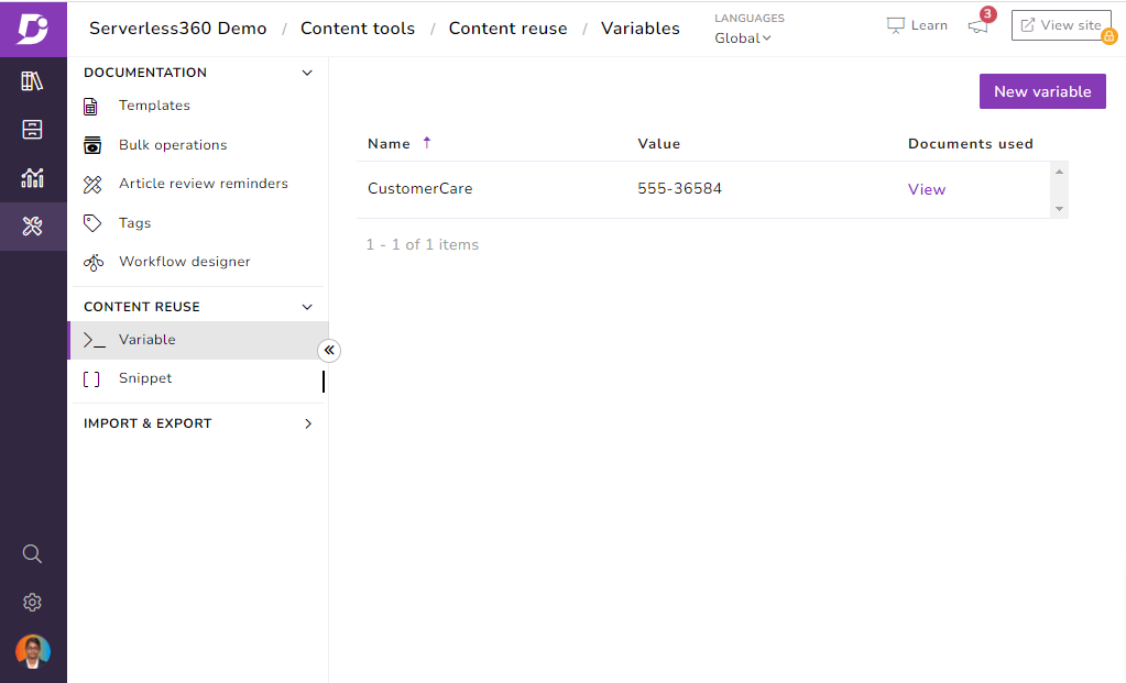 content variables in knowledge base