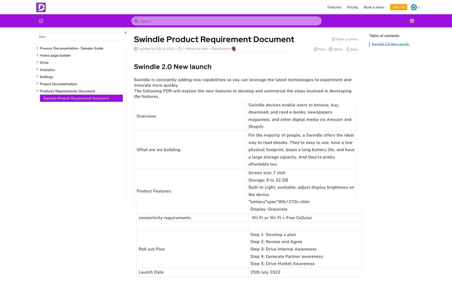 product requirement sample template