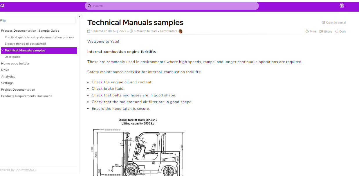 technical manual sample created using document360