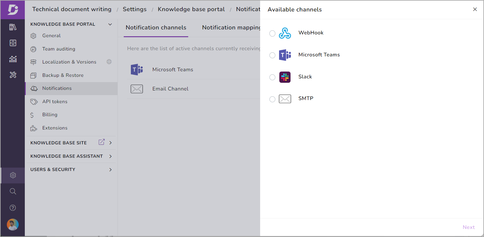 Mapping notification and notification channels in Knowledge base