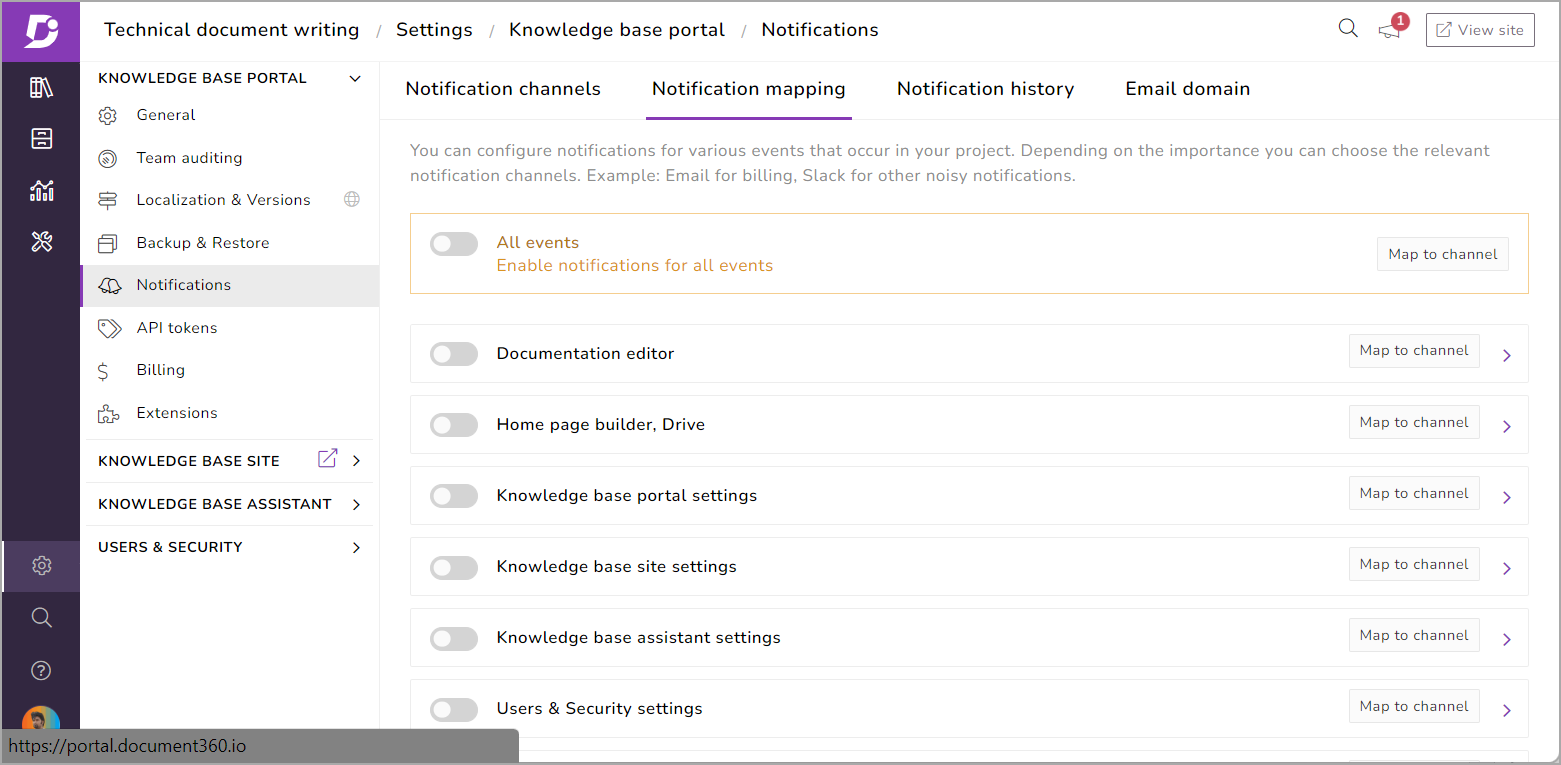 Mapping notification and notification channels in Knowledge base