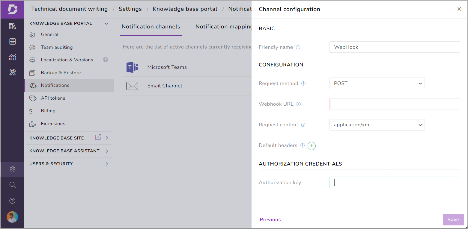 Mapping notification and notification channels in Knowledge base