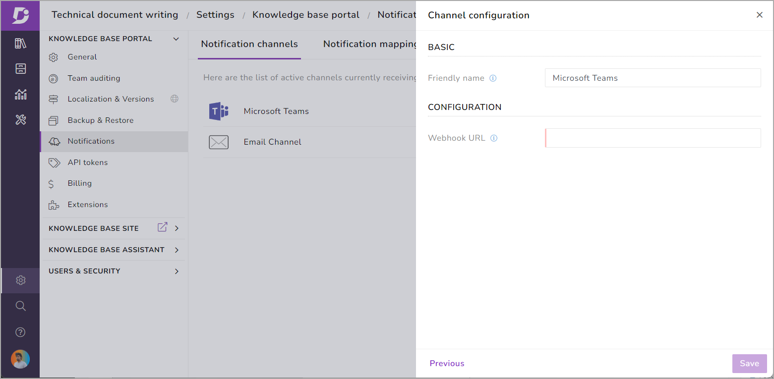 Mapping notification and notification channels in Knowledge base