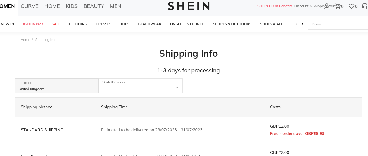 Shein shipping details