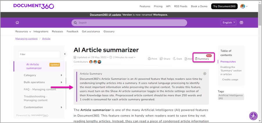 AI Article summariser in Knowledge base