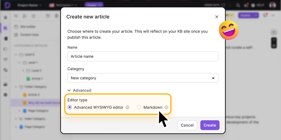 editor at article creation