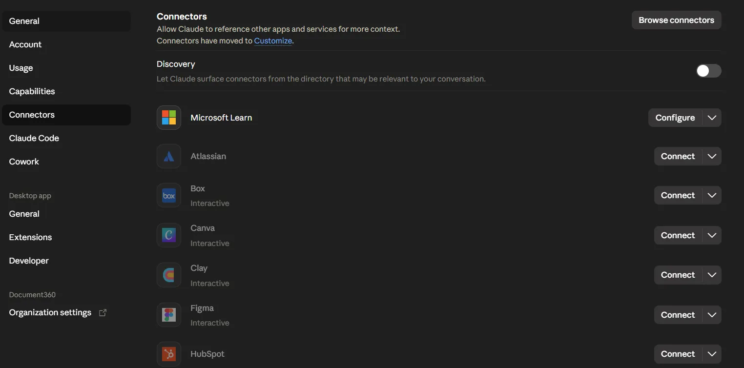 List of MCP connectors in Claude Desktop