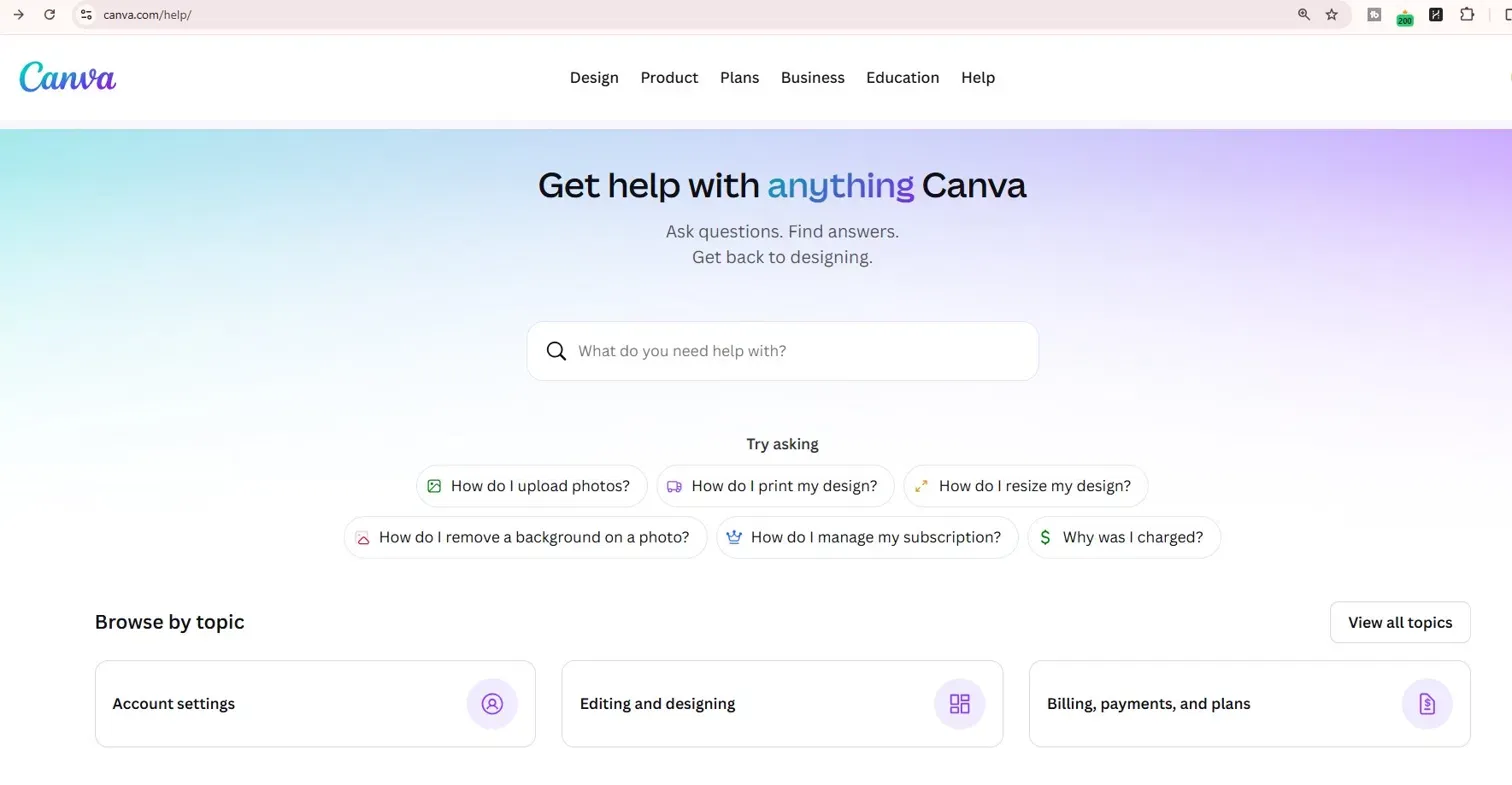 Canva help center search for products