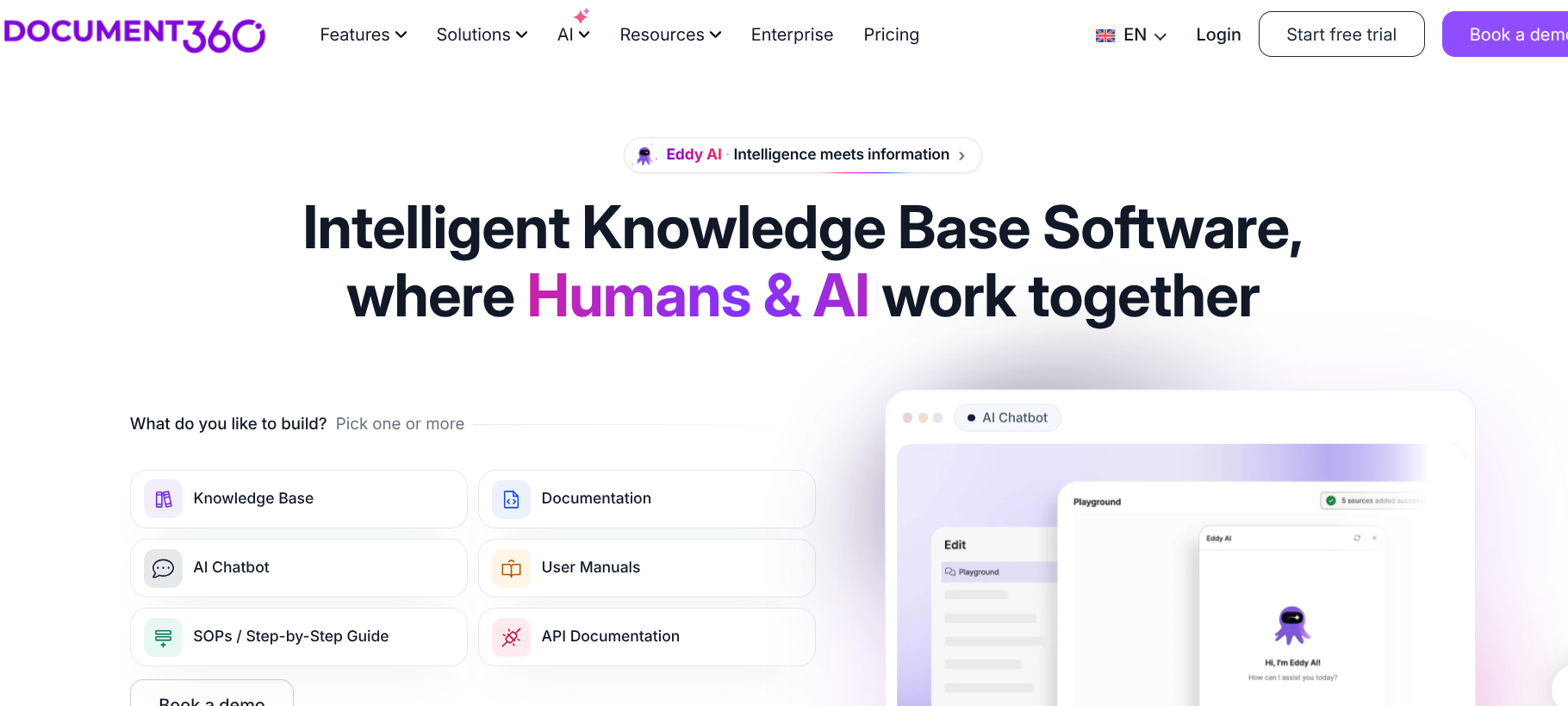 Document360 intelligent knowledge base software homepage featuring Eddy AI