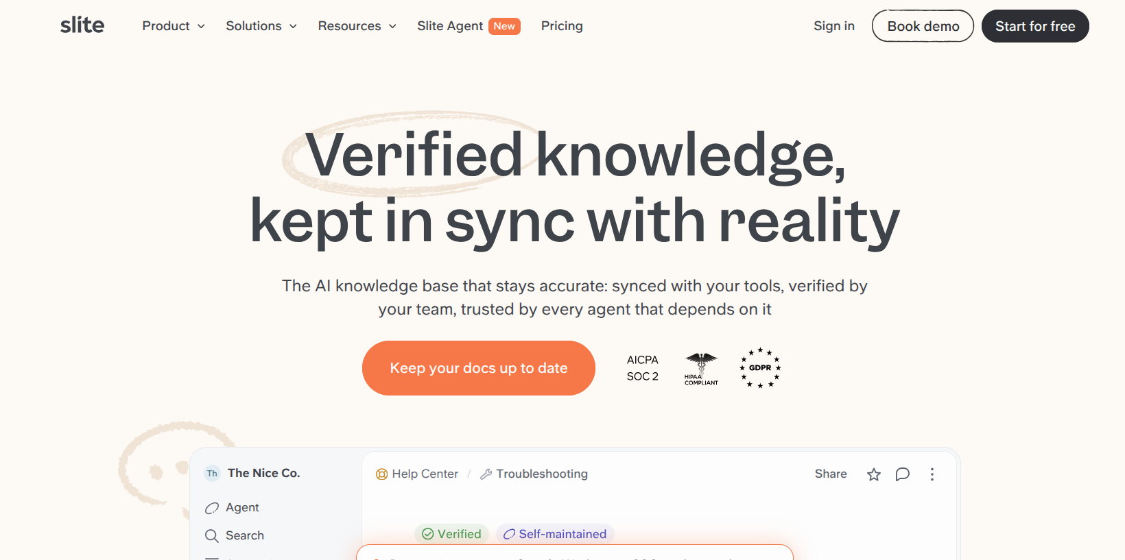 Slite AI knowledge base homepage